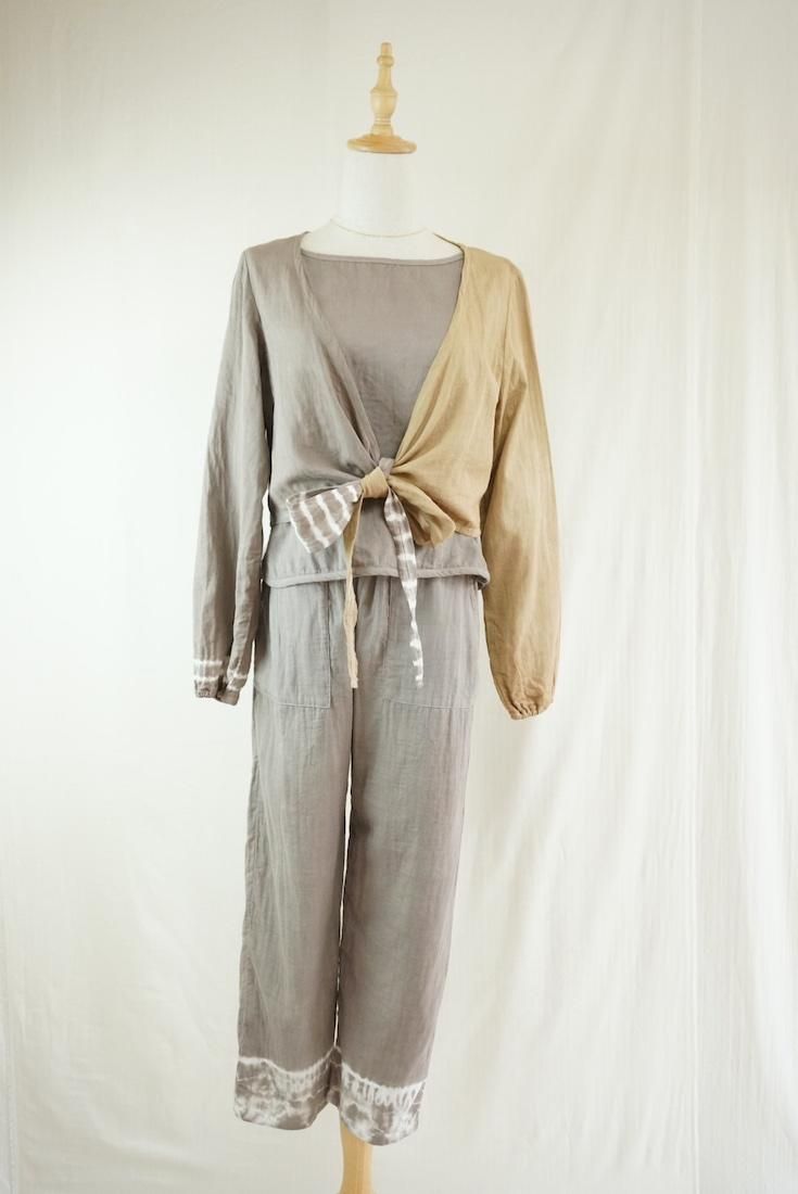 W gauze Ribbon Cardigan “ Taupe x Hazelnuts ”