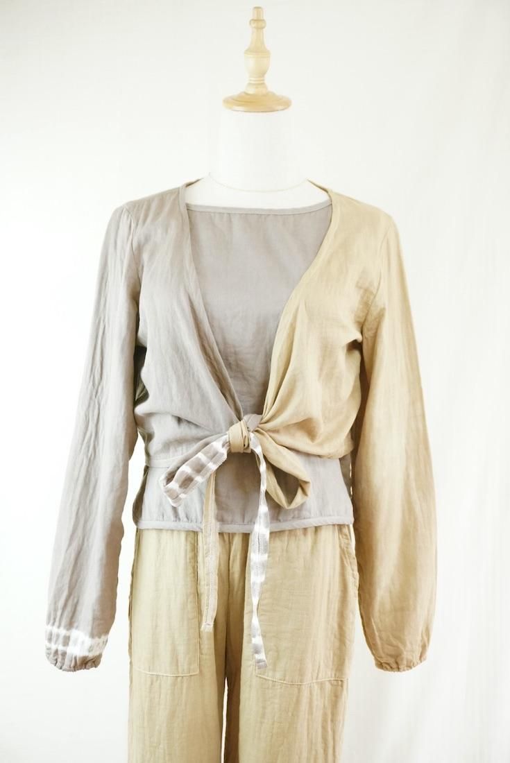 W gauze Ribbon Cardigan “ Taupe x Hazelnuts ”