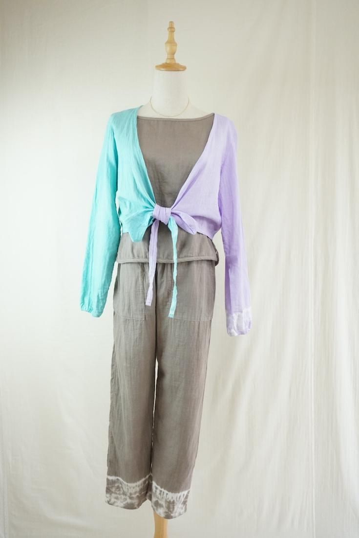 W gauze Ribbon Cardigan  Lilac x Turquoise 