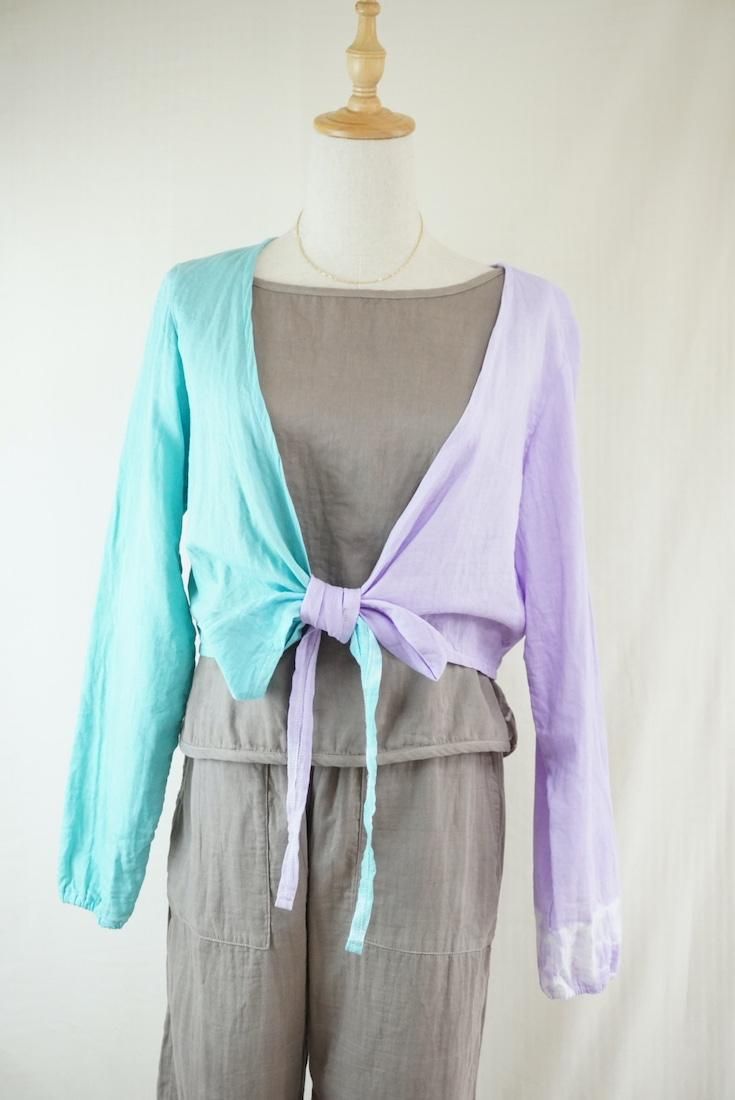 W gauze Ribbon Cardigan  Lilac x Turquoise 