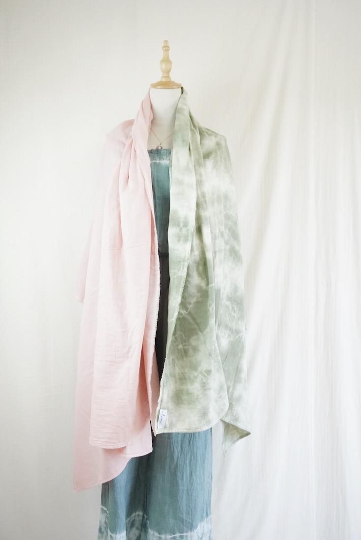 Organic Cotton W-gauze Big stole “Pinkbeige x Greentea” 