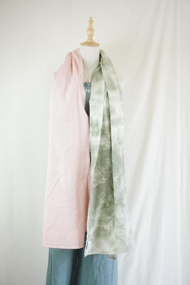 Organic Cotton W-gauze Big stole “Pinkbeige x Greentea” 