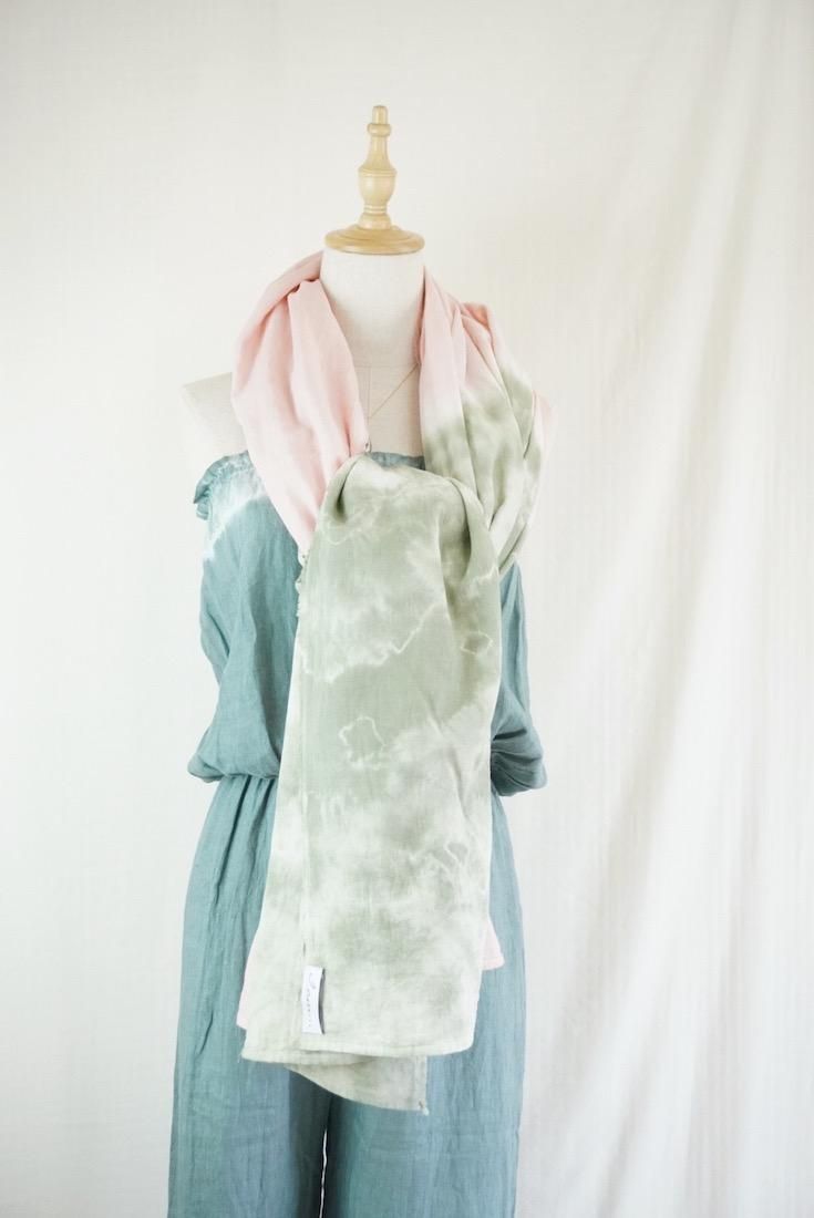 Organic Cotton W-gauze Big stole “Pinkbeige x Greentea” 