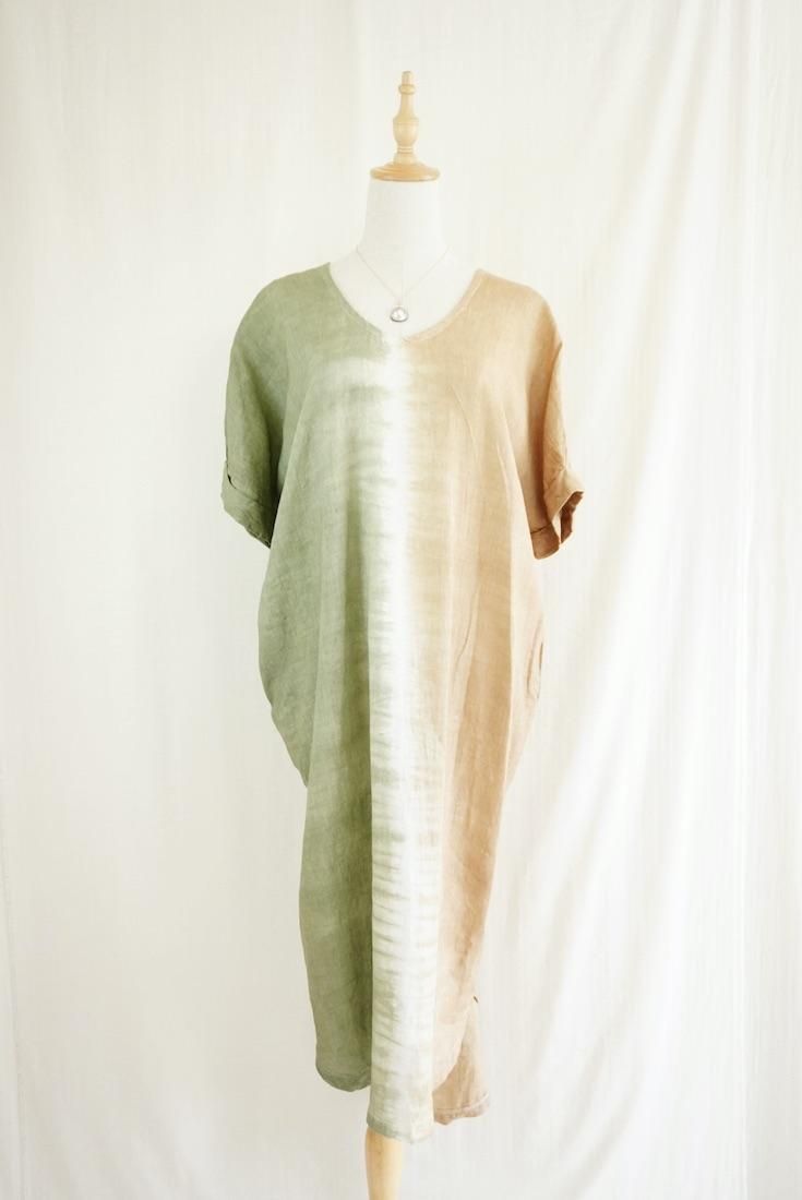 French Linen Relax Dress Greentea x Hazelnuts