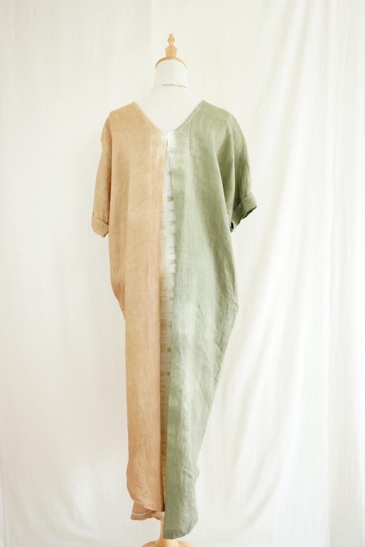 French Linen Relax Dress Greentea x Hazelnuts