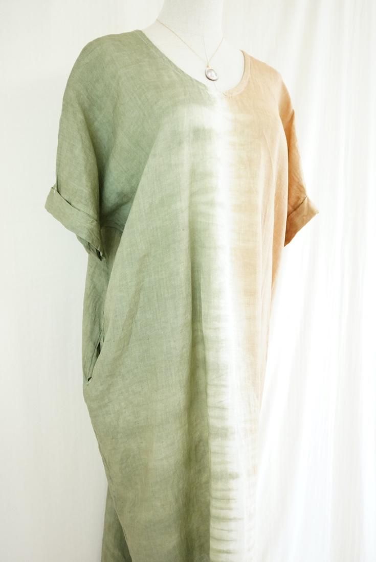 French Linen Relax Dress Greentea x Hazelnuts