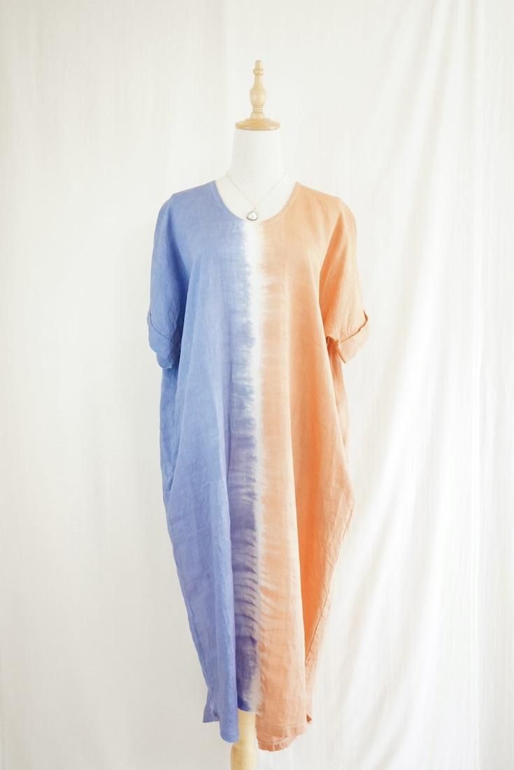 French Linen Relax Dress Terracotta x SlateBlue