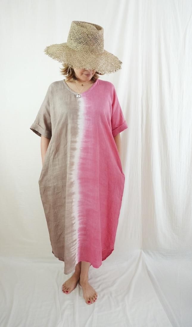 French Linen Relax Dress Bougainvillea x Brown