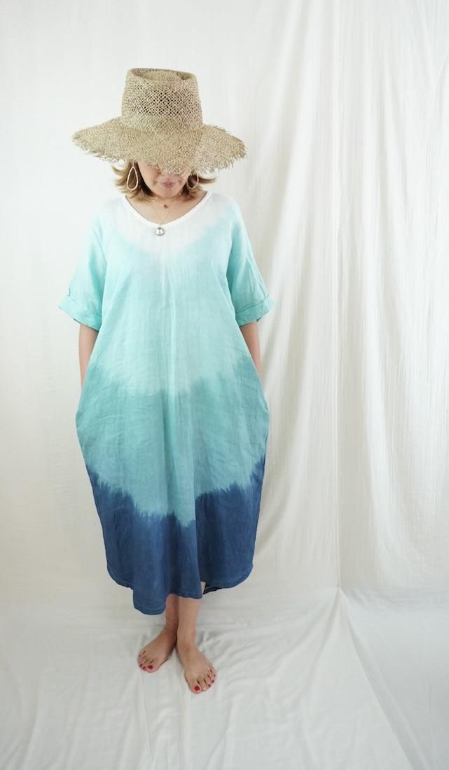French Linen Relax Dress Turquoise x Under the sea x Navy