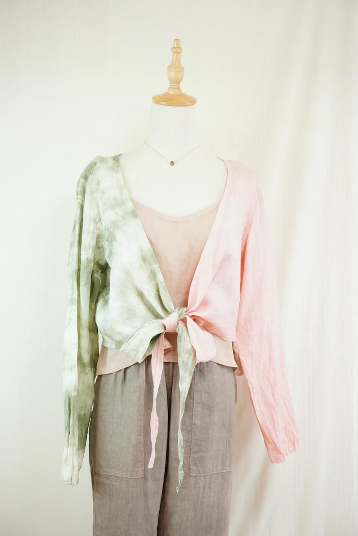 French Linen Ribbon Cardigan  Greentea x Pinkbeige 