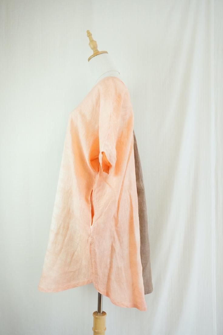 French Linen Short Relax Dress Espresso x Apricot 