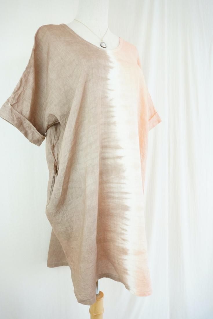 French Linen Short Relax Dress Espresso x Apricot 