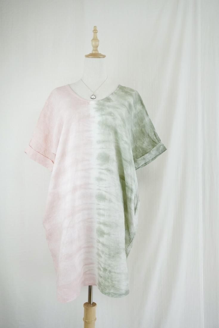 French Linen Short Relax Dress Greentea x Pinkbeige