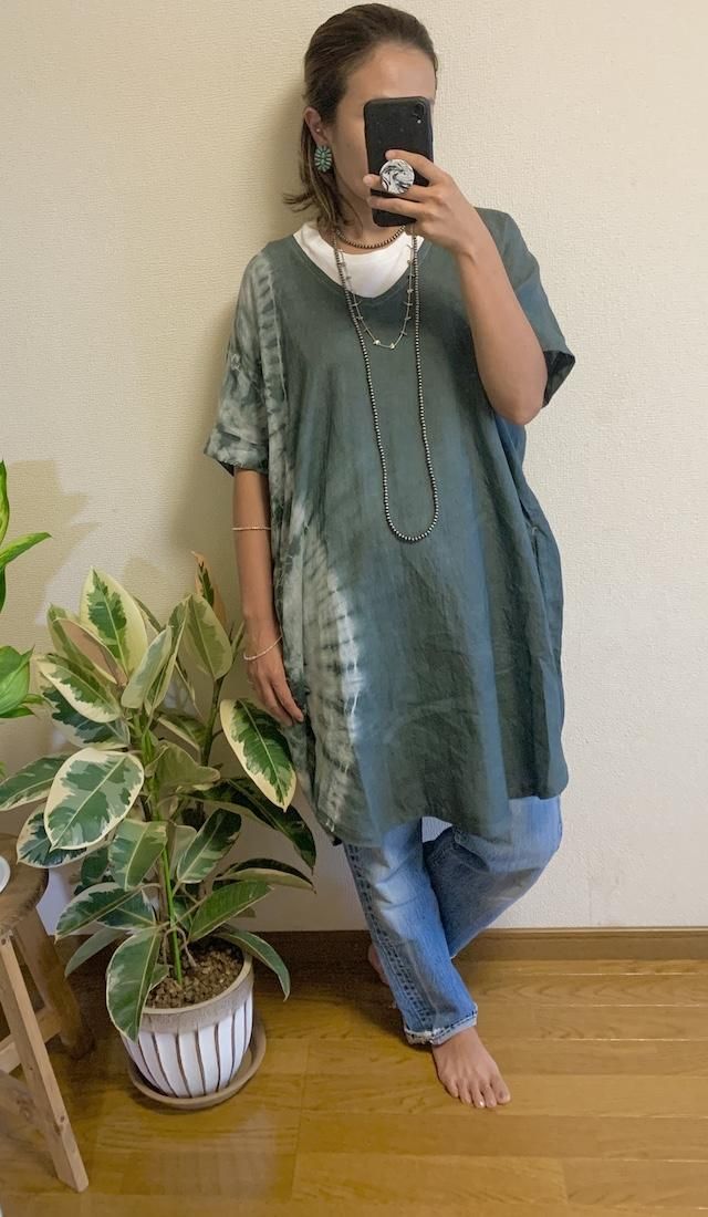French Linen Short Relax Dress Greentea x Pinkbeige