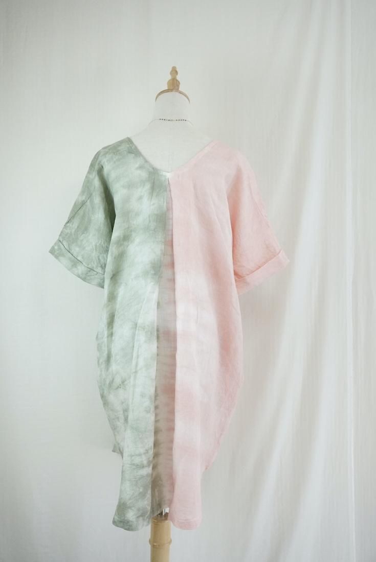 French Linen Short Relax Dress Greentea x Pinkbeige