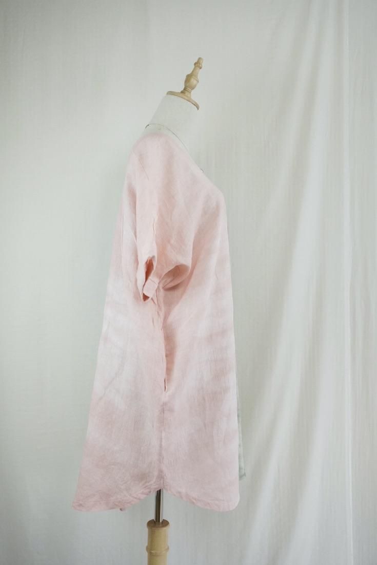 French Linen Short Relax Dress Greentea x Pinkbeige