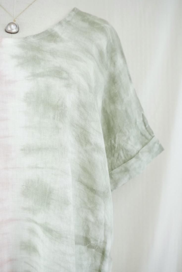French Linen Short Relax Dress Greentea x Pinkbeige