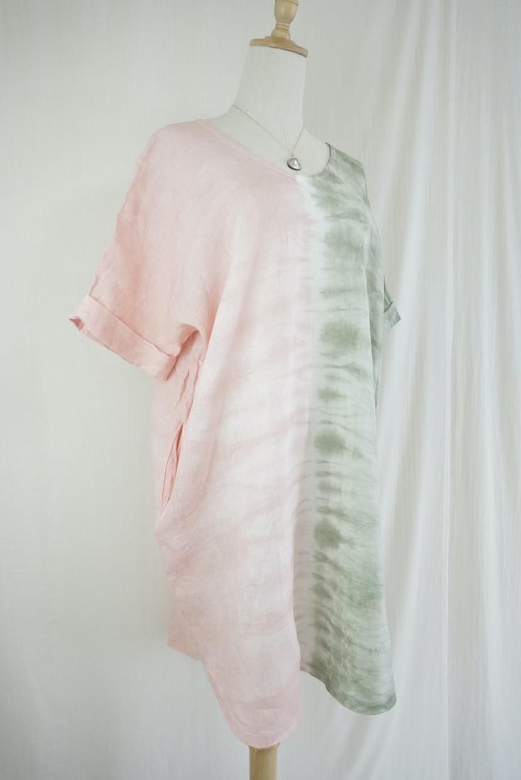 French Linen Short Relax Dress Greentea x Pinkbeige