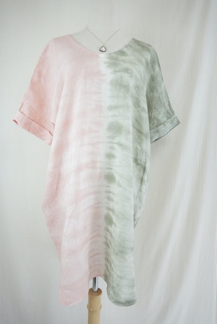 French Linen Short Relax Dress Greentea x Pinkbeige
