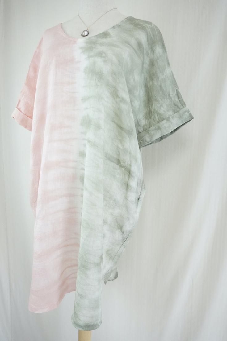French Linen Short Relax Dress Greentea x Pinkbeige