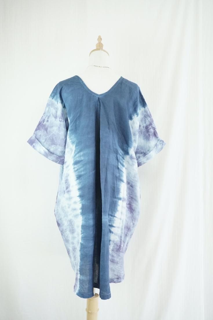 French Linen Short Relax Dress Navy x Lavender