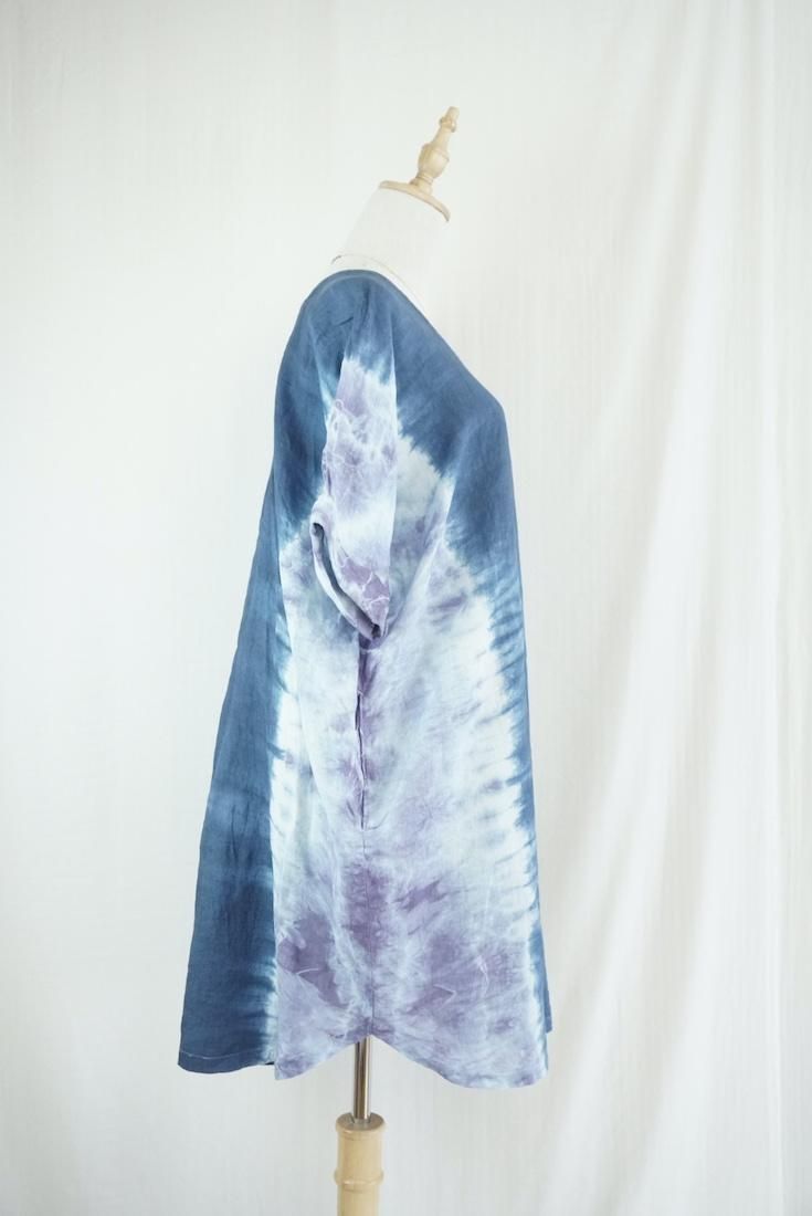 French Linen Short Relax Dress Navy x Lavender