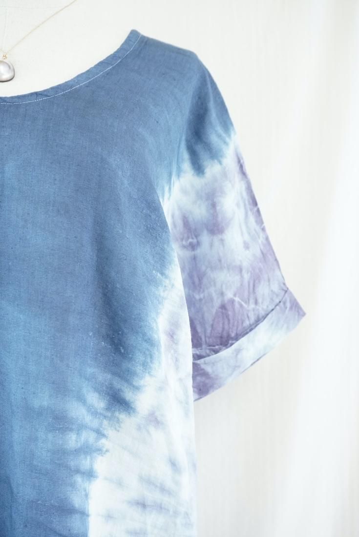 French Linen Short Relax Dress Navy x Lavender