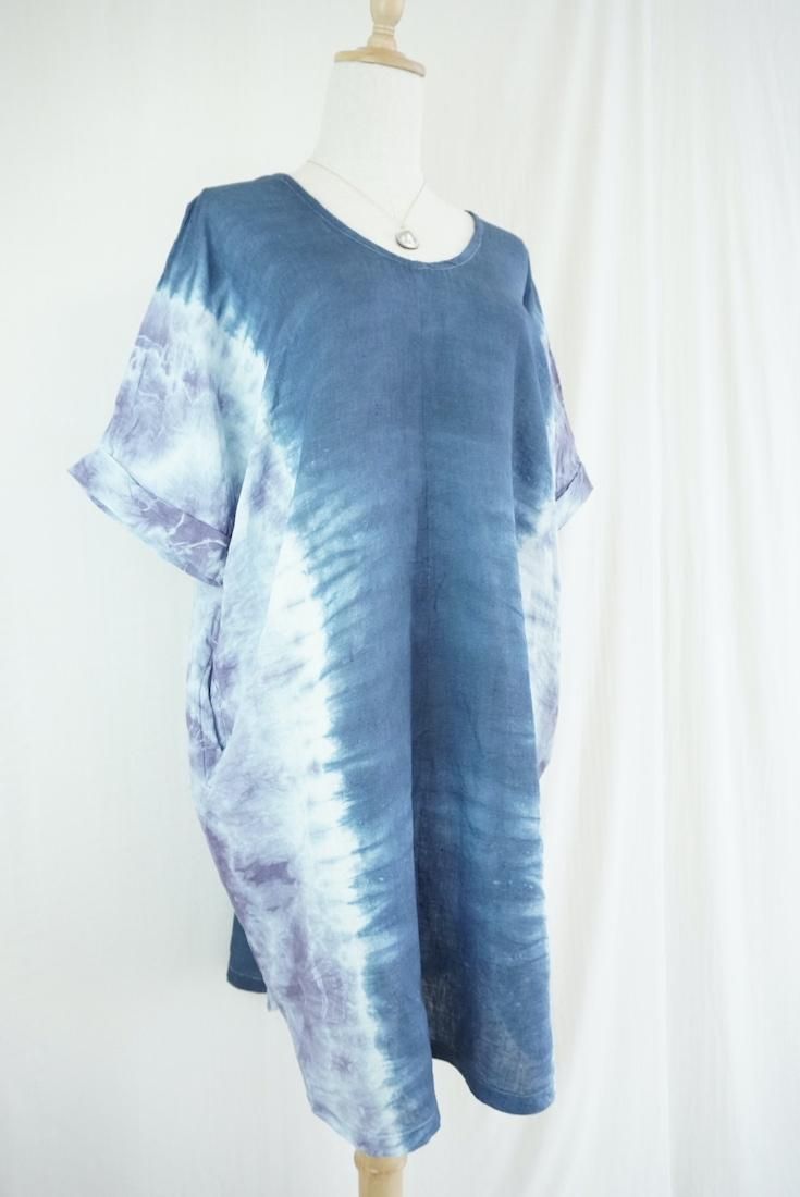 French Linen Short Relax Dress Navy x Lavender