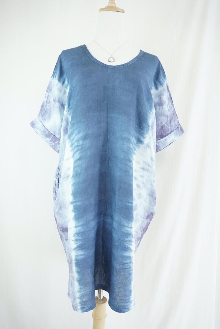 French Linen Short Relax Dress Navy x Lavender