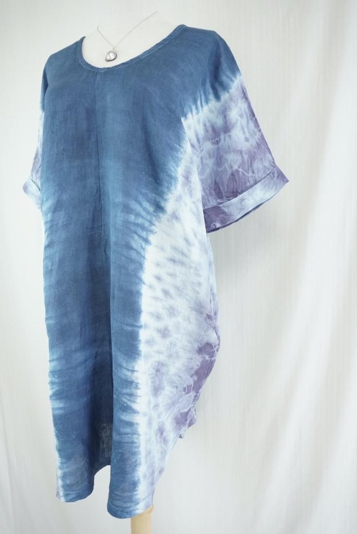 French Linen Short Relax Dress Navy x Lavender