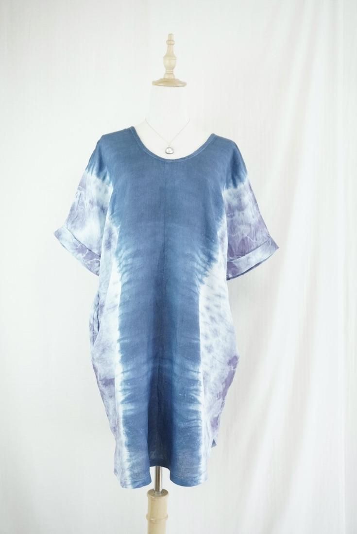 French Linen Short Relax Dress Navy x Lavender