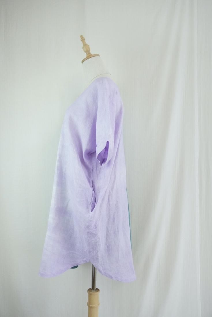 French Linen Short Relax Dress “Deepgreen x Lilac”