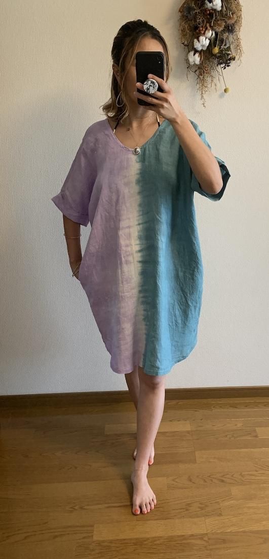 French Linen Short Relax Dress Deepgreen x Lilac