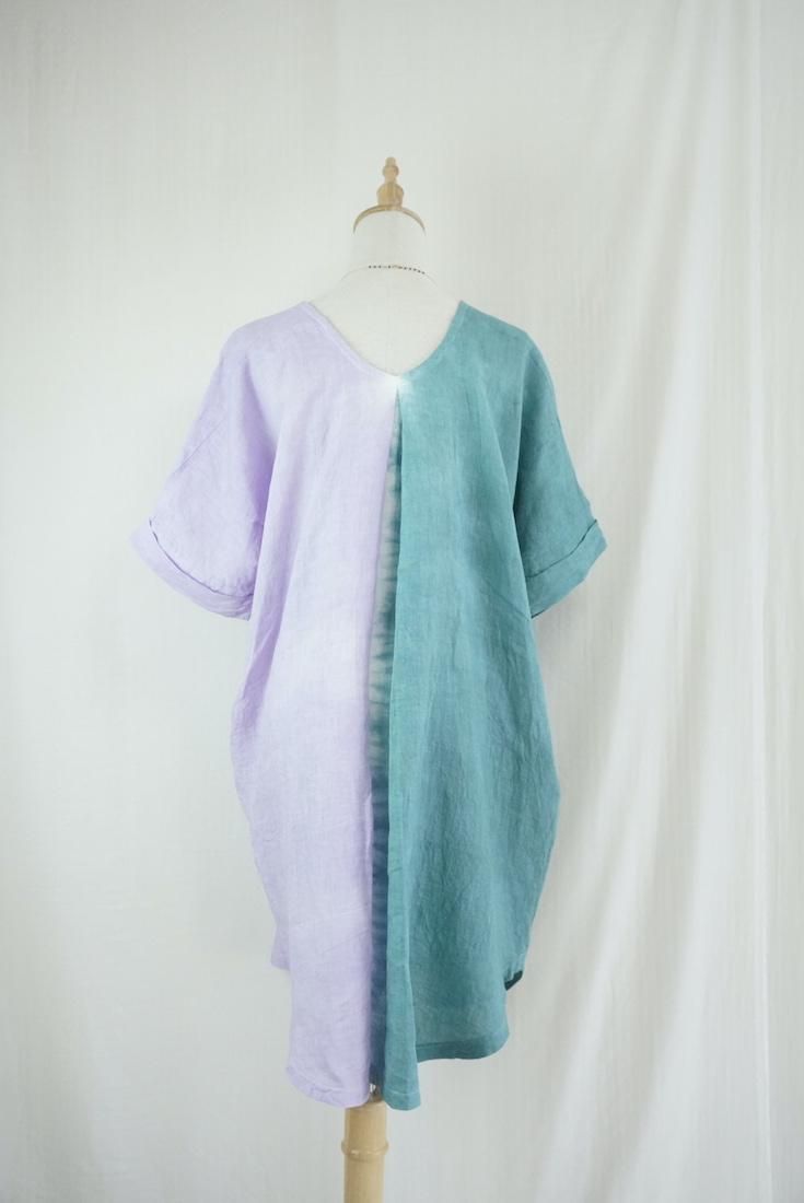 French Linen Short Relax Dress “Deepgreen x Lilac”