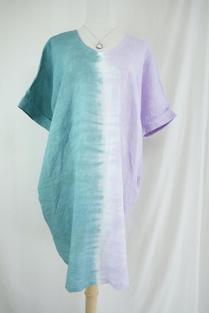 French Linen Short Relax Dress “Deepgreen x Lilac”