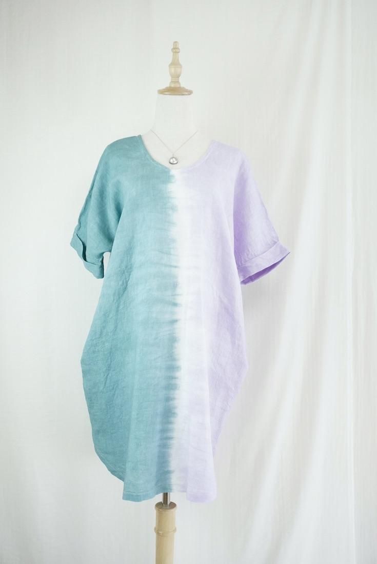 French Linen Short Relax Dress Deepgreen x Lilac