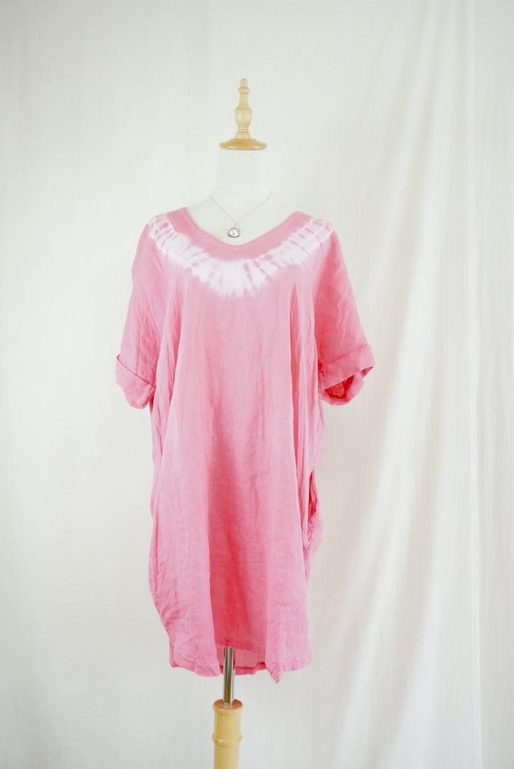 French Linen Short Relax Dress Bougainvillea
