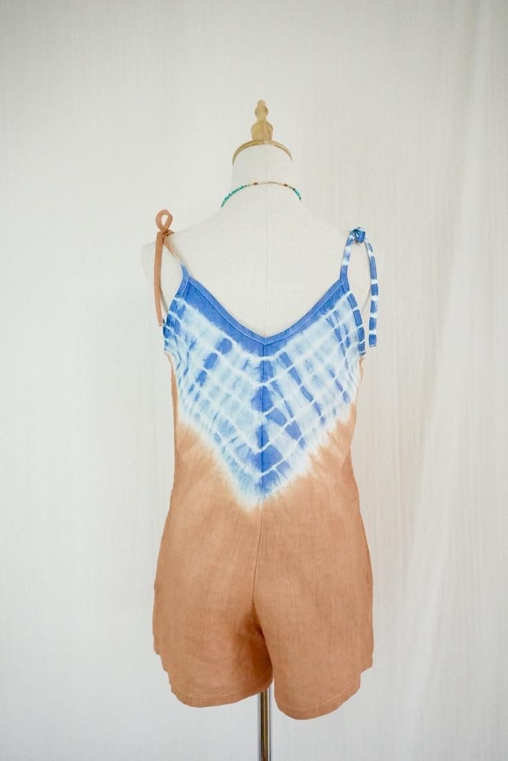 French Linen  Short Rompers  Terracotta x Deepblue