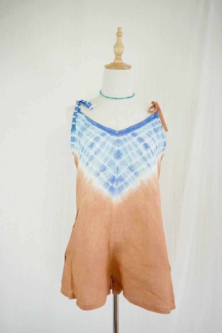 French Linen  Short Rompers  Terracotta x Deepblue