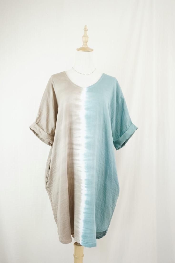 W-gauze Short Relax Dress Deepgreen x Espresso