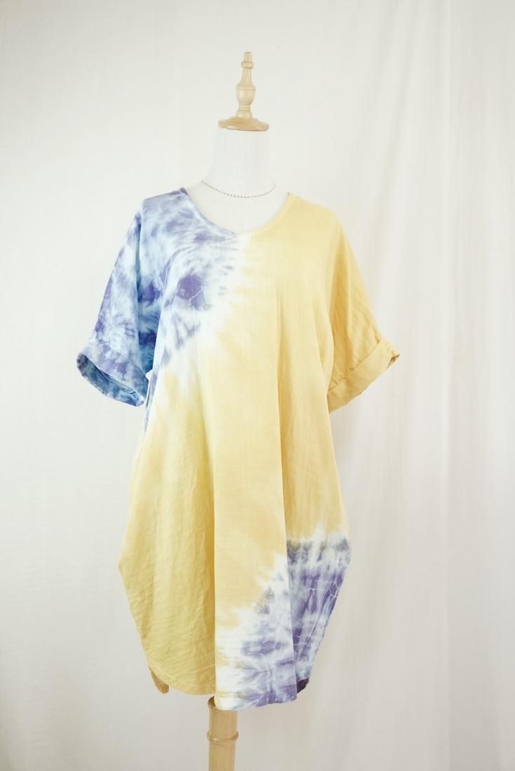 W-gauze Short Relax Dress Mustard x Lavender
