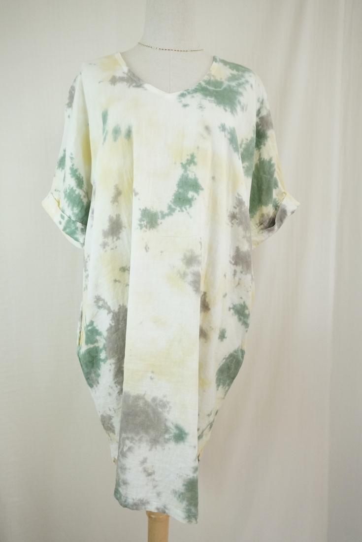 W-gauze Short Relax Dress Custard x Junglegreen x Taupe 
