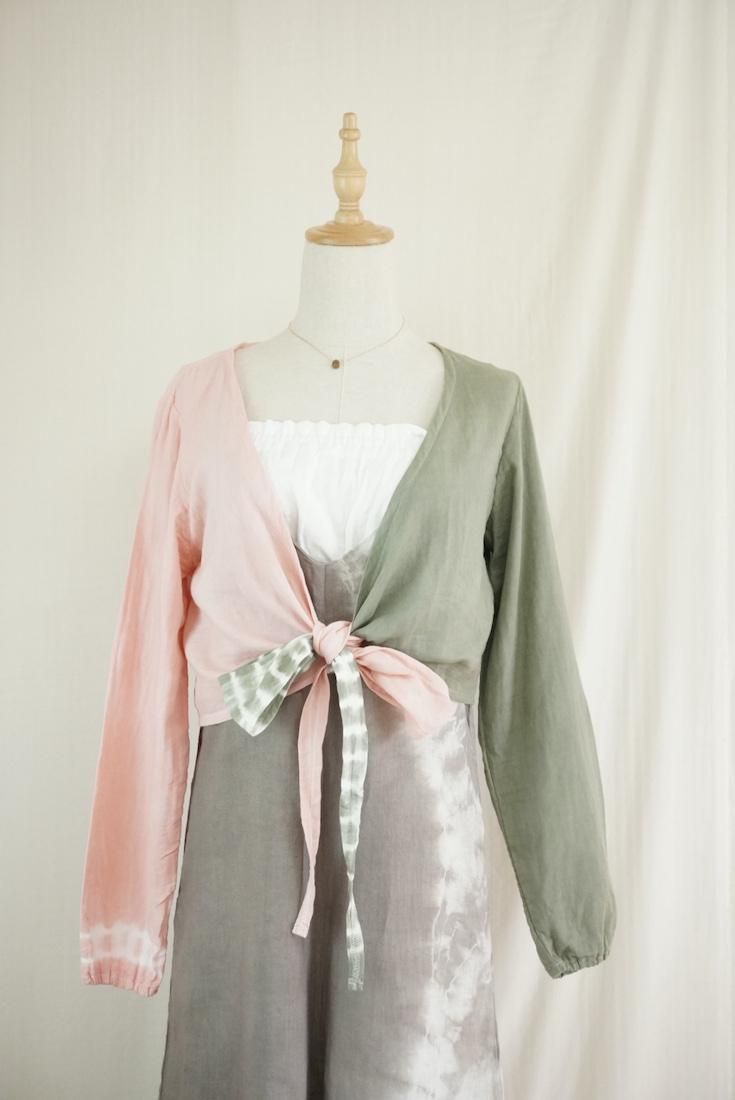W gauze Ribbon Cardigan “Greentea x Pinkbeige”