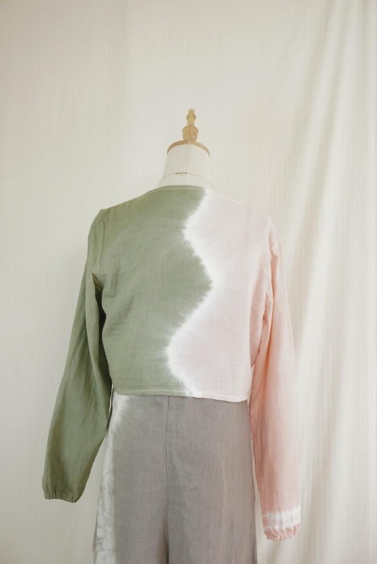 W gauze Ribbon Cardigan “Greentea x Pinkbeige”