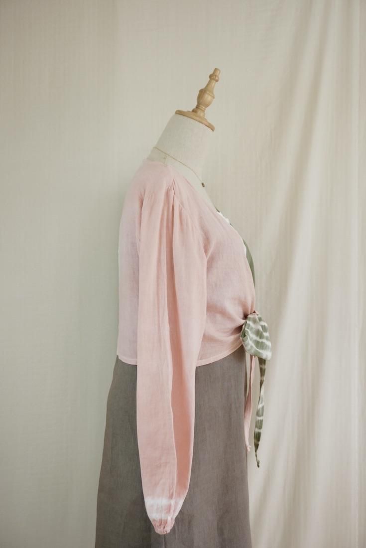W gauze Ribbon Cardigan “Greentea x Pinkbeige”