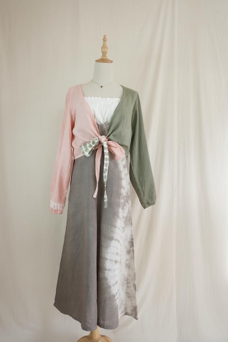 W gauze Ribbon Cardigan “Greentea x Pinkbeige”