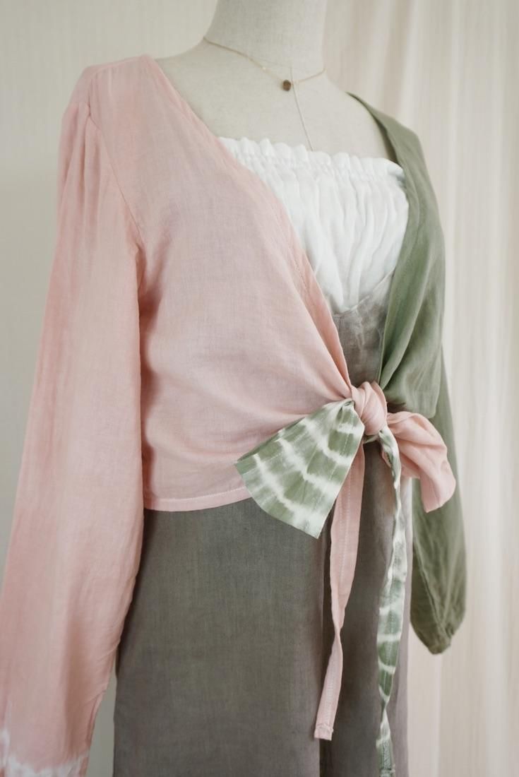 W gauze Ribbon Cardigan “Greentea x Pinkbeige”