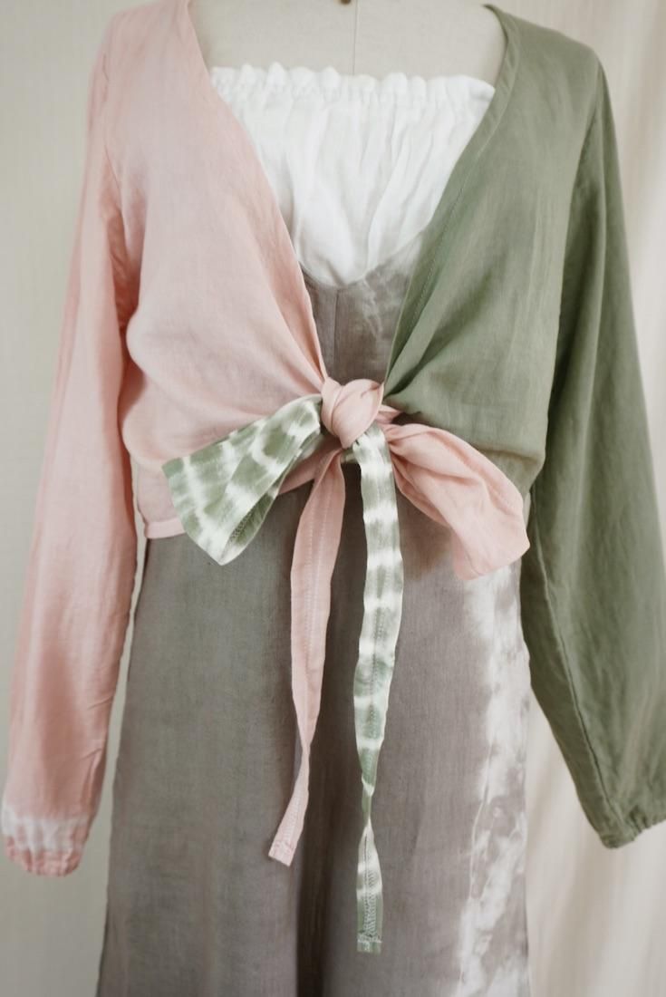 W gauze Ribbon Cardigan “Greentea x Pinkbeige”