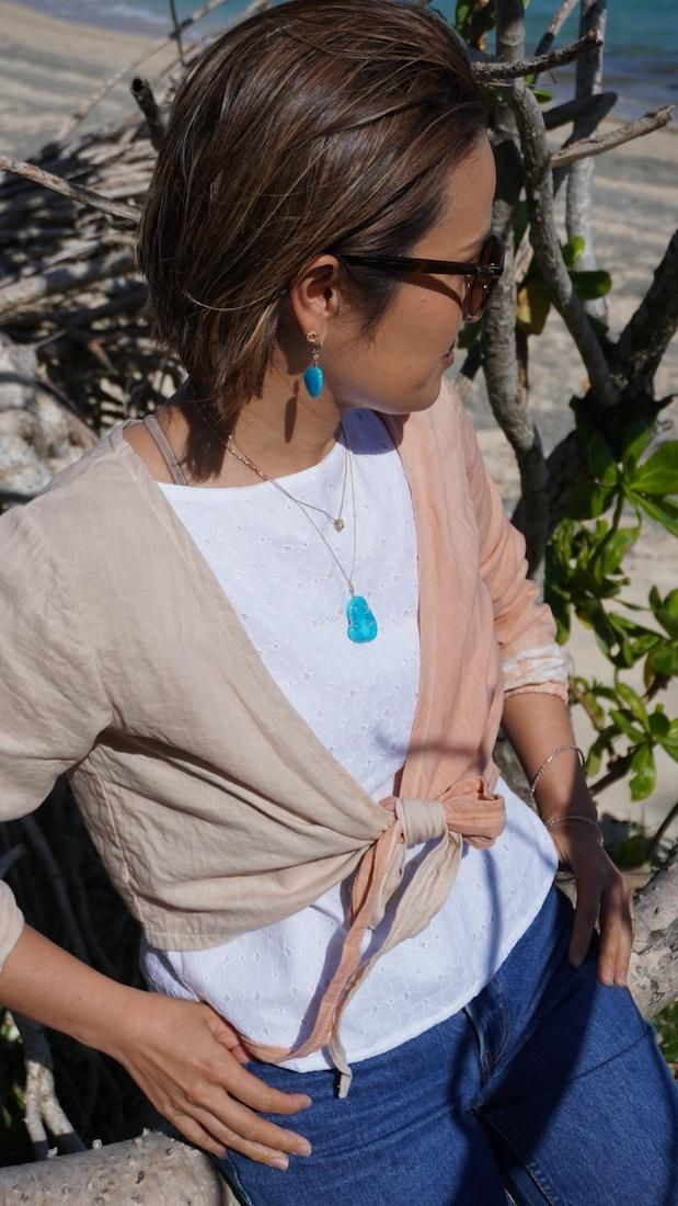 W gauze Ribbon Cardigan “Greentea x Pinkbeige”