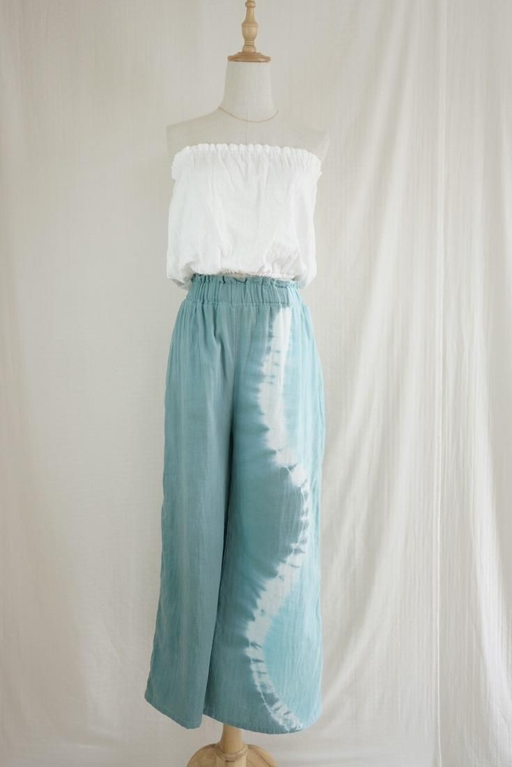W gauze Relax Pants Deepgreen x Turquoise